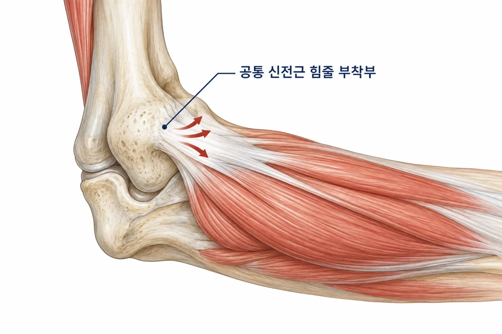 공통 신전근 힘줄이 외측상과 부착부에 반복적으로 당기는 힘을 받는 모습