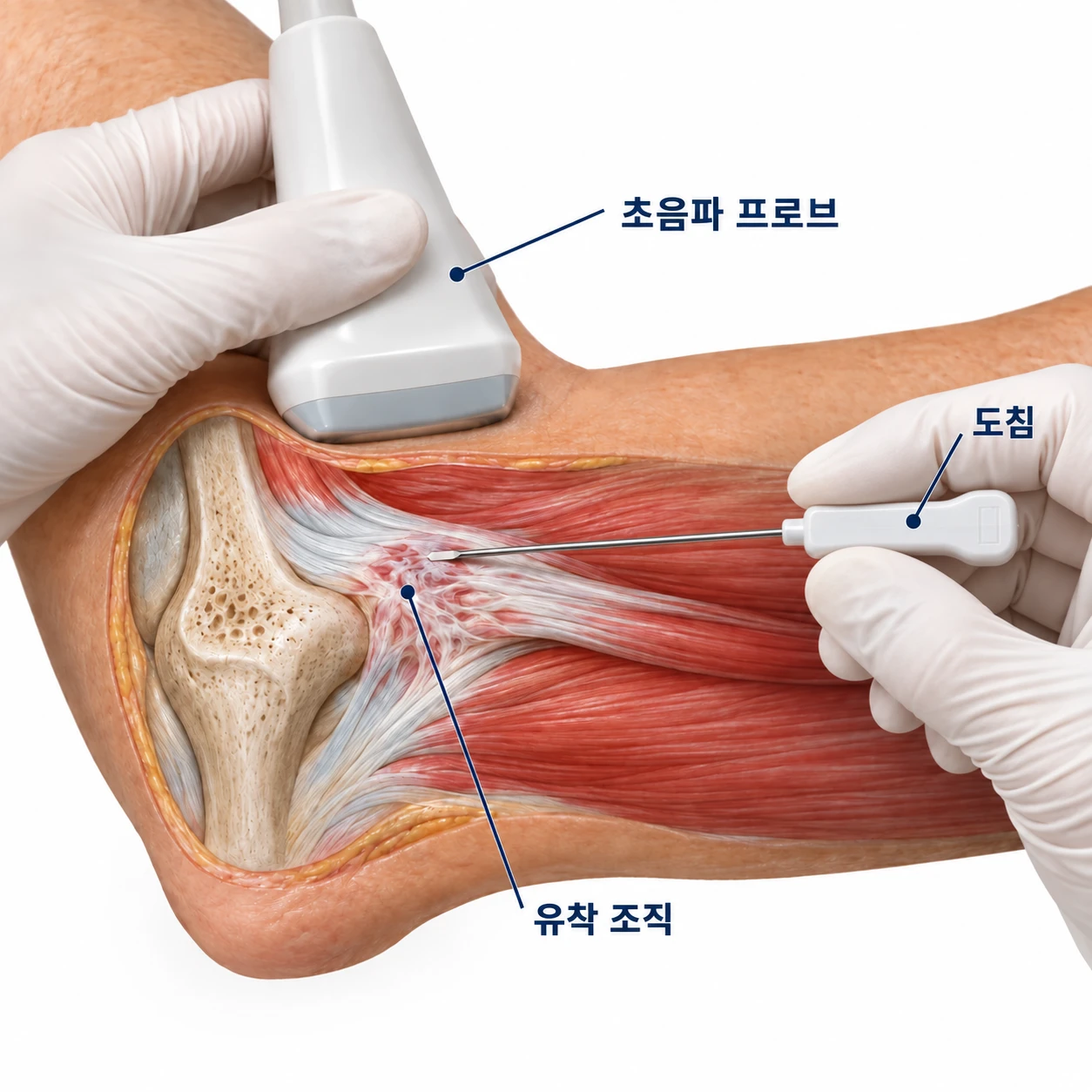 도침이 유착된 힘줄 조직에 접근하는 모습