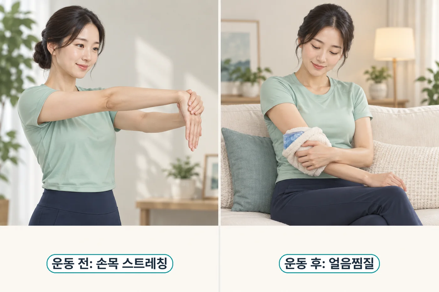운동 전 손목 신전근 스트레칭과 운동 후 팔꿈치 얼음찜질